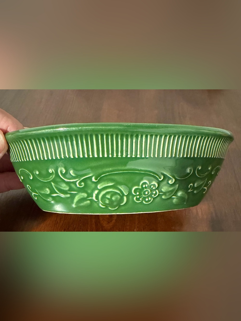 VTG 6" Oval Dish Kelly Green Floral Embossed Oven Serve Cookware Casserole